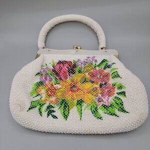 Colorful Floral Vintage Hong Kong Beaded Hand Bag Purse